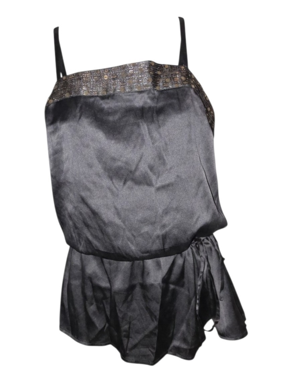 Vintage Express Black Satin Camisole Top - Sequin Beaded Neckline Size XS